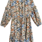 The Mabel and Honey Riley Long Sleeve Dress is a girls’ knee-length dress with ruffled sleeves, an elastic waist, and a blue, orange, green, and beige floral print—blending comfort and charm.