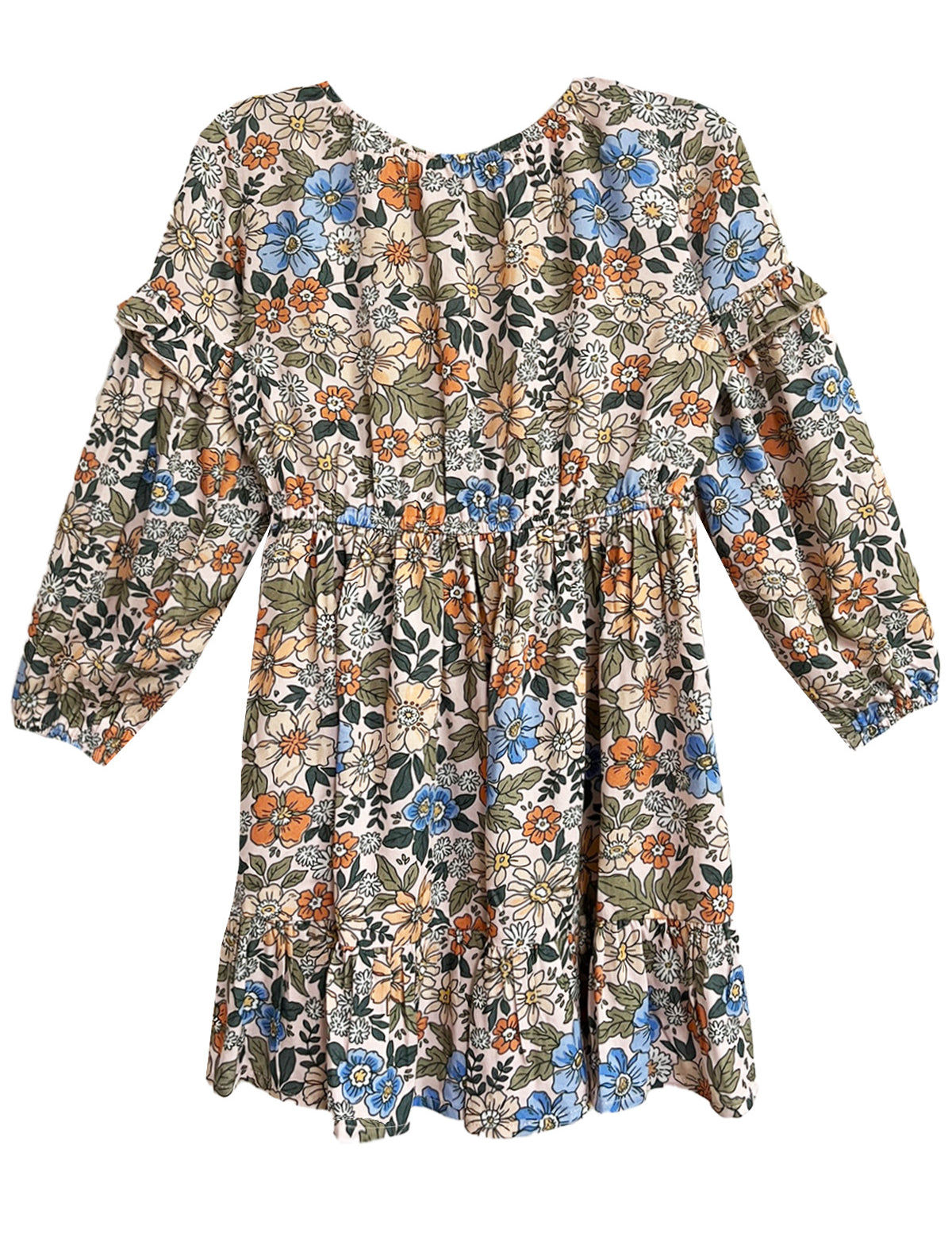 The Mabel and Honey Riley Long Sleeve Dress is a girls’ knee-length dress with ruffled sleeves, an elastic waist, and a blue, orange, green, and beige floral print—blending comfort and charm.