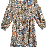 The Mabel and Honey Riley Long Sleeve Dress is a girls’ knee-length dress with ruffled sleeves, an elastic waist, and a blue, orange, green, and beige floral print—blending comfort and charm.