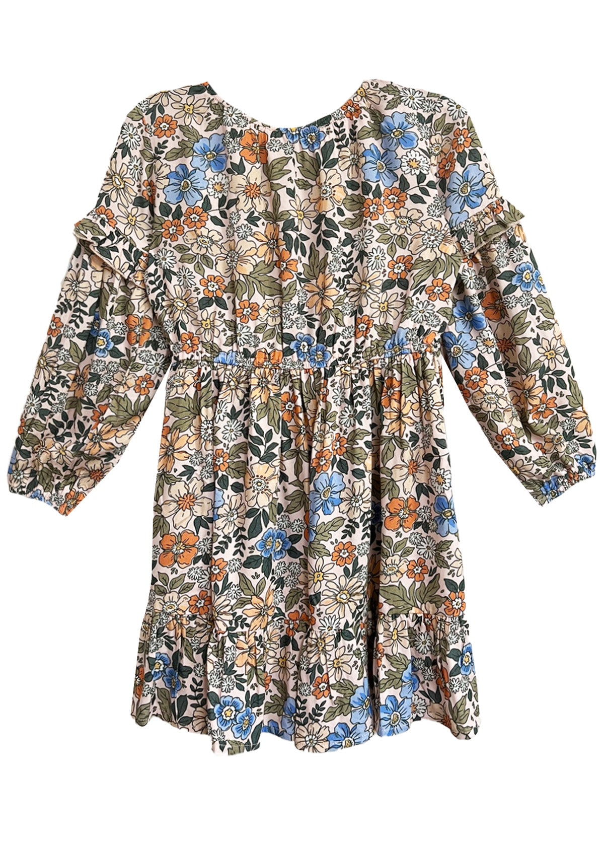 The Mabel and Honey Riley Long Sleeve Dress is a girls’ knee-length dress with ruffled sleeves, an elastic waist, and a blue, orange, green, and beige floral print—blending comfort and charm.