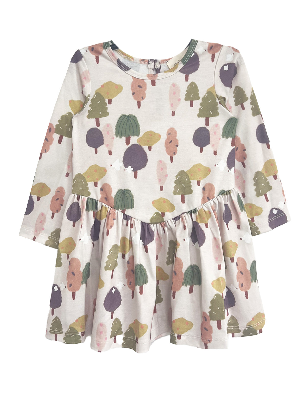 The Mabel and Honey Treehouse Dress is a long-sleeve, knee-length dress for kids with a flared skirt, showcasing a whimsical tree pattern in green, pink, purple, and yellow—ideal for nature-inspired style lovers.
