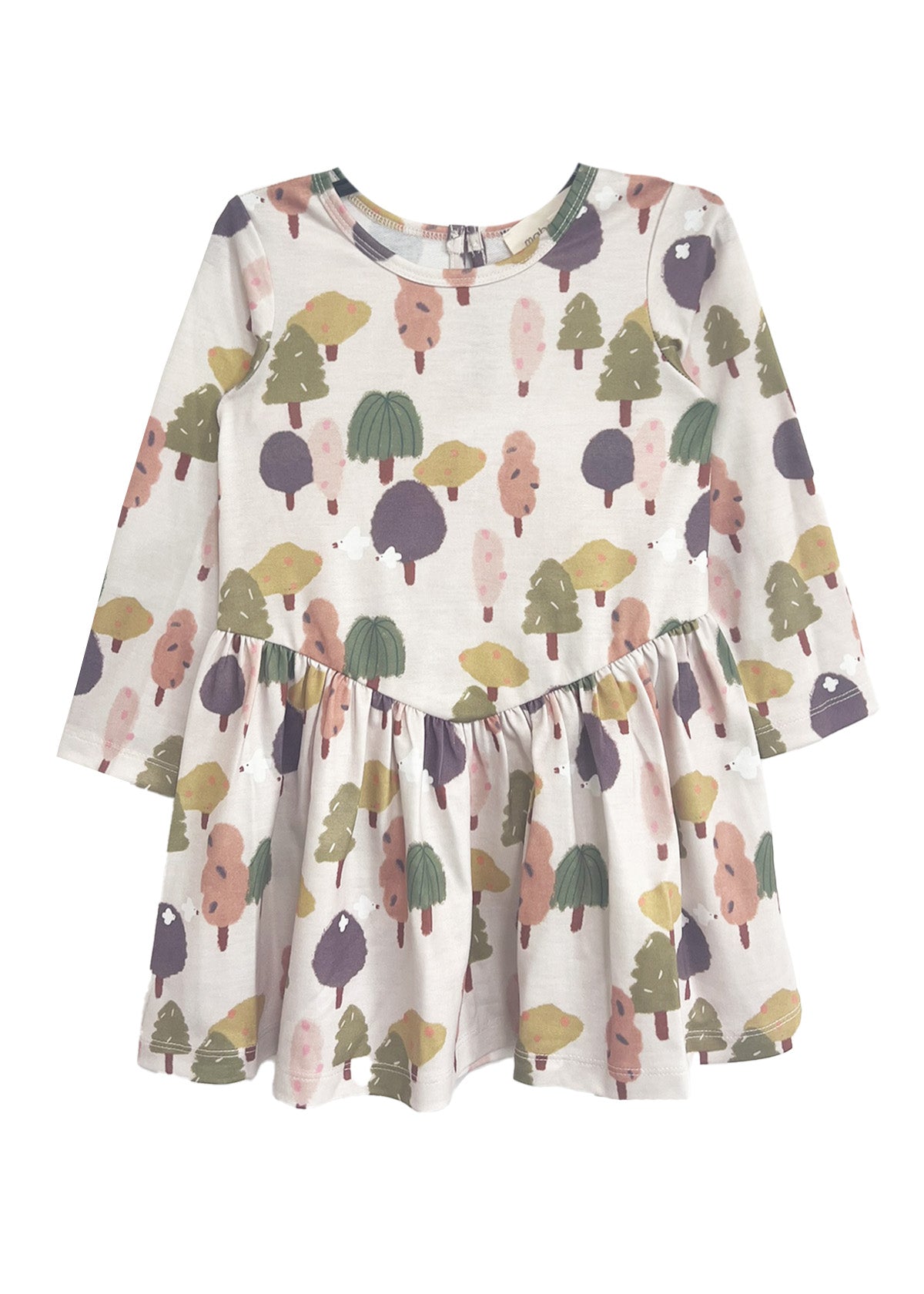 The Mabel and Honey Treehouse Dress is a long-sleeve, knee-length dress for kids with a flared skirt, showcasing a whimsical tree pattern in green, pink, purple, and yellow—ideal for nature-inspired style lovers.