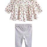 The Mia Two Piece Set by Mabel and Honey includes a cream floral ruffle blouse with a keyhole neck and light gray leggings—an adorable girls' outfit perfect for any occasion.