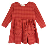The Mabel and Honey Tea Party Red Gingham Dress features long sleeves, a round neck, gathered waist, and two scalloped skirt pockets—combining comfort and classic style for any occasion.