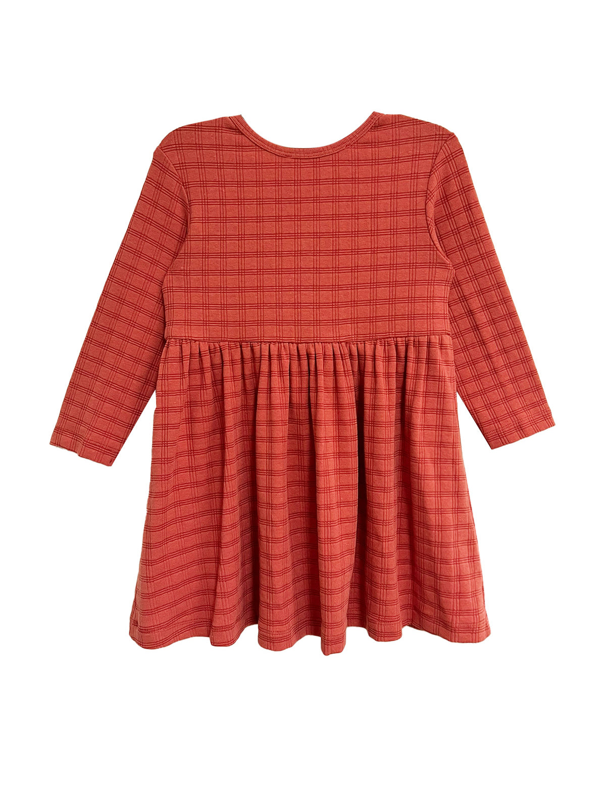 The Mabel and Honey Tea Party Red Gingham Dress is a long-sleeve, knee-length girls dress with a gathered waist and flared skirt, perfect for everyday elegance or as a charming tea party outfit, shown on a white background.
