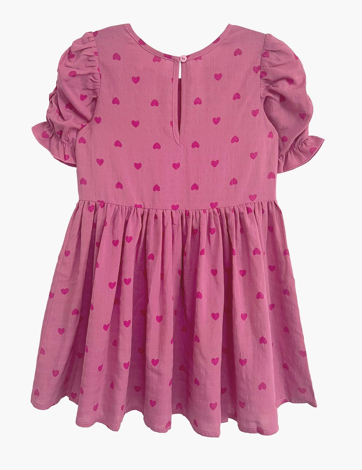 The Mabel and Honey Perfect in Pink Hearts Short Sleeve Dress for girls features a gathered skirt, short puffed sleeves, darker pink heart prints, and a back button closure.