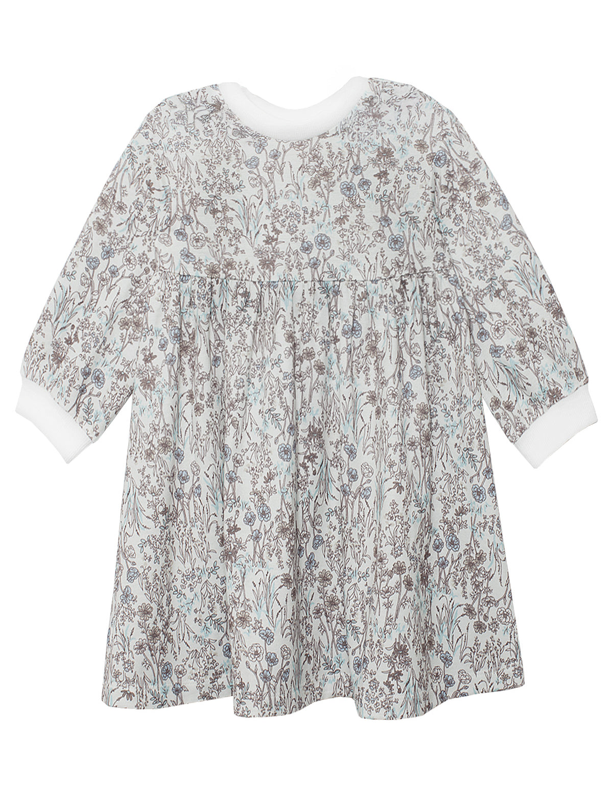 The Meadow Dress by Mabel and Honey is a girls’ long-sleeved floral dress with a white background, blue and grey print, gathered waist, and white cuffs—ideal for comfortable everyday wear.