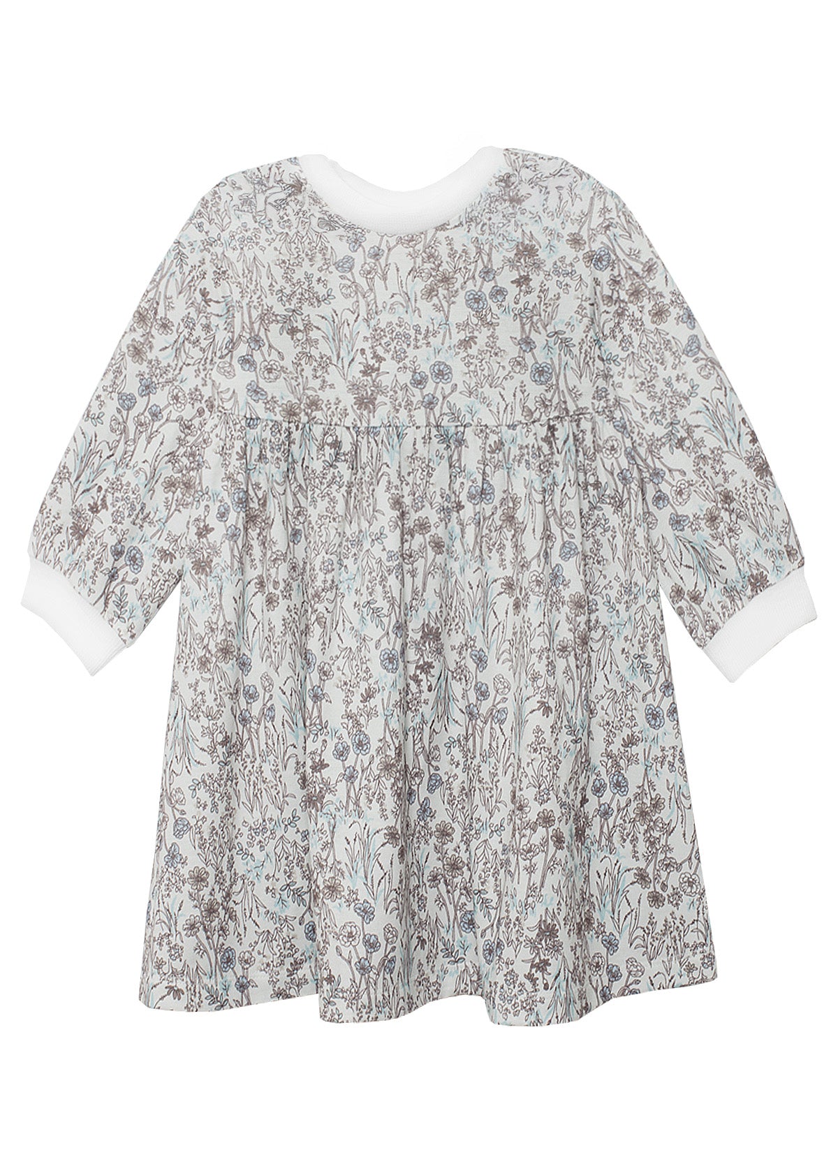 The Meadow Dress by Mabel and Honey is a girls’ long-sleeved floral dress with a white background, blue and grey print, gathered waist, and white cuffs—ideal for comfortable everyday wear.