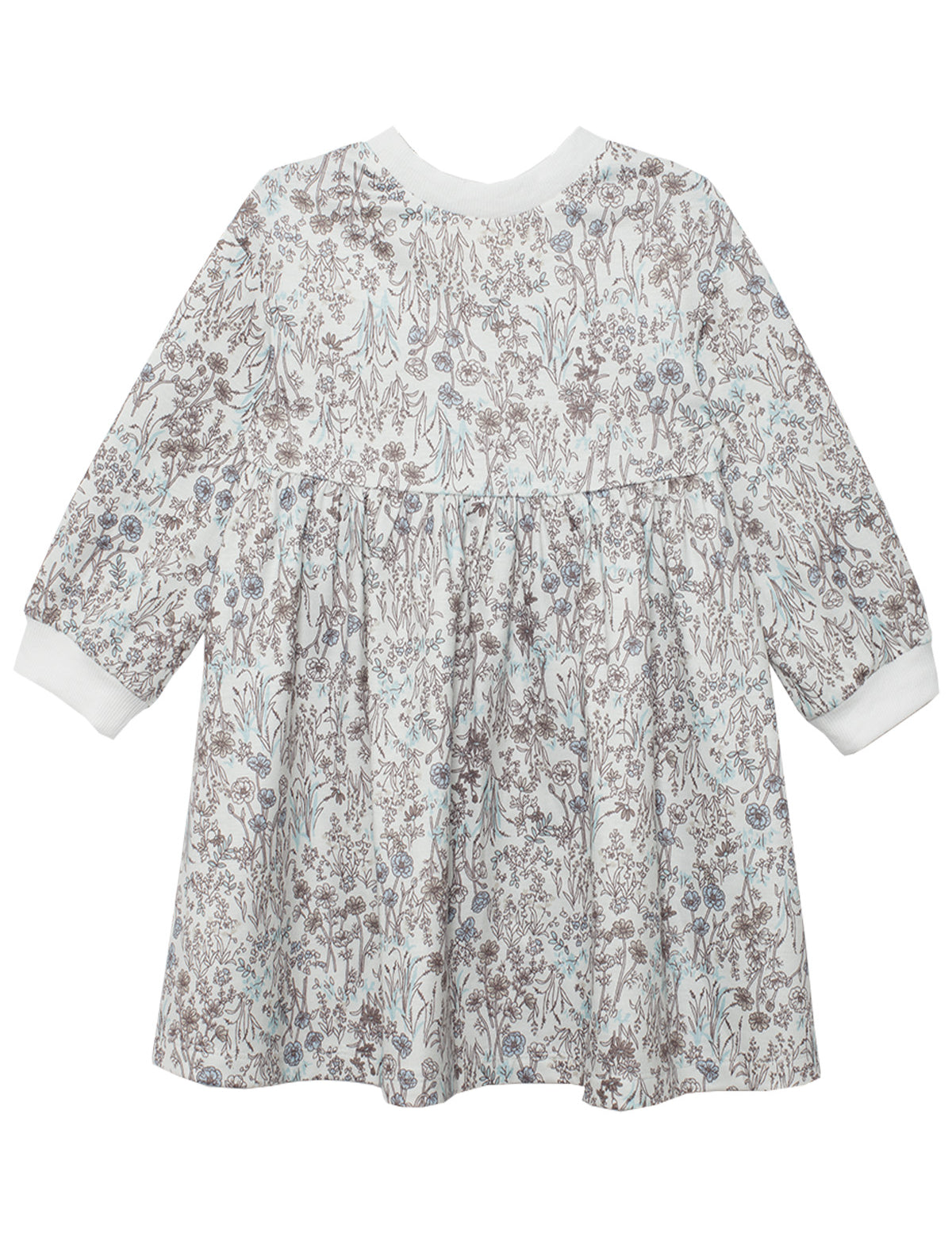 The Meadow Dress by Mabel and Honey is a girls' knee-length, long-sleeve floral dress in brown and blue on white, with a gathered waist, round neckline, and white cuffs—ideal for comfortable everyday wear.