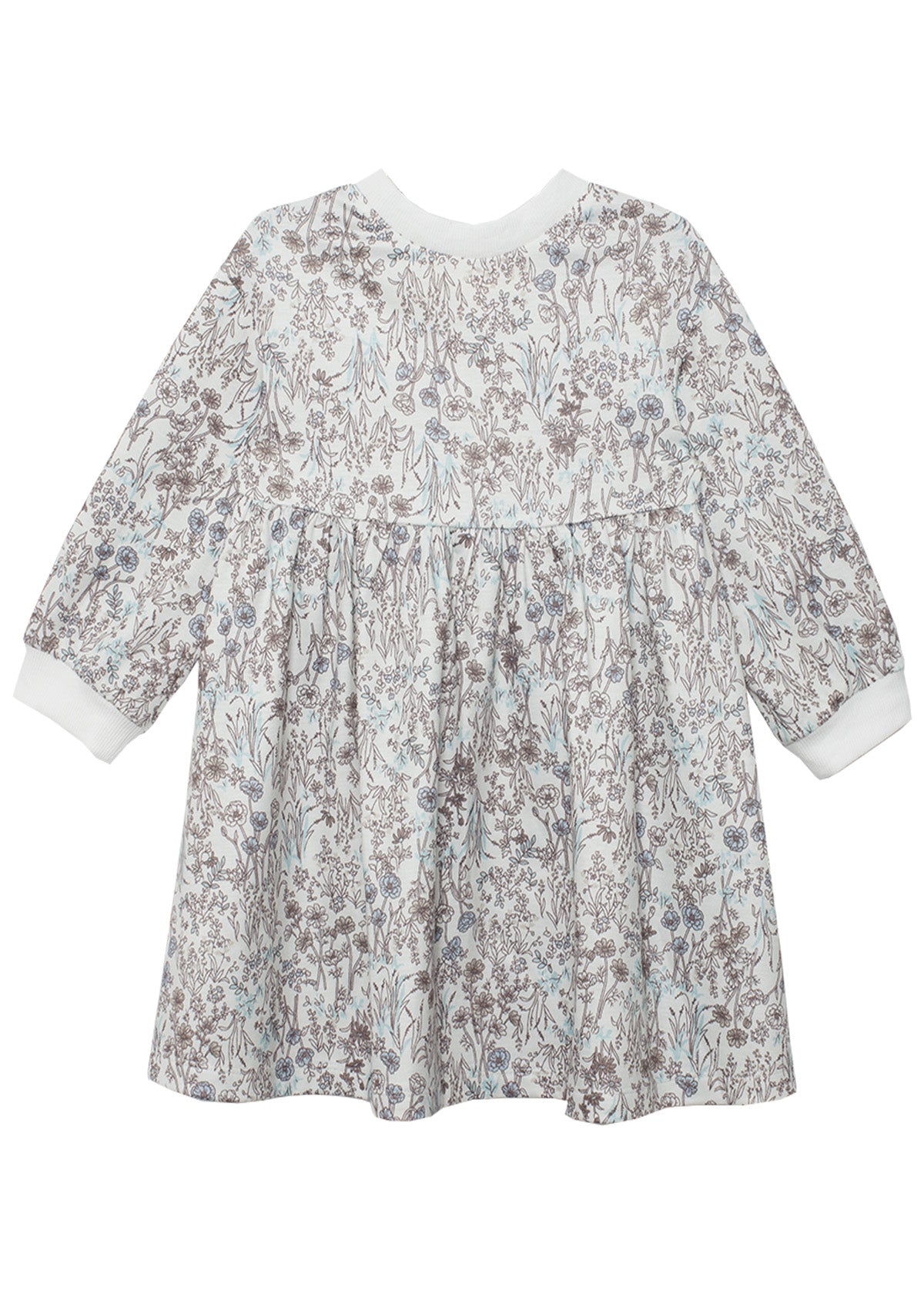 The Meadow Dress by Mabel and Honey is a girls' knee-length, long-sleeve floral dress in brown and blue on white, with a gathered waist, round neckline, and white cuffs—ideal for comfortable everyday wear.
