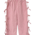 The Bow-tastic Pant by Mabel and Honey features a red and white gingham check, an elastic waistband, and adorable bows tied along the outer sides of each leg.