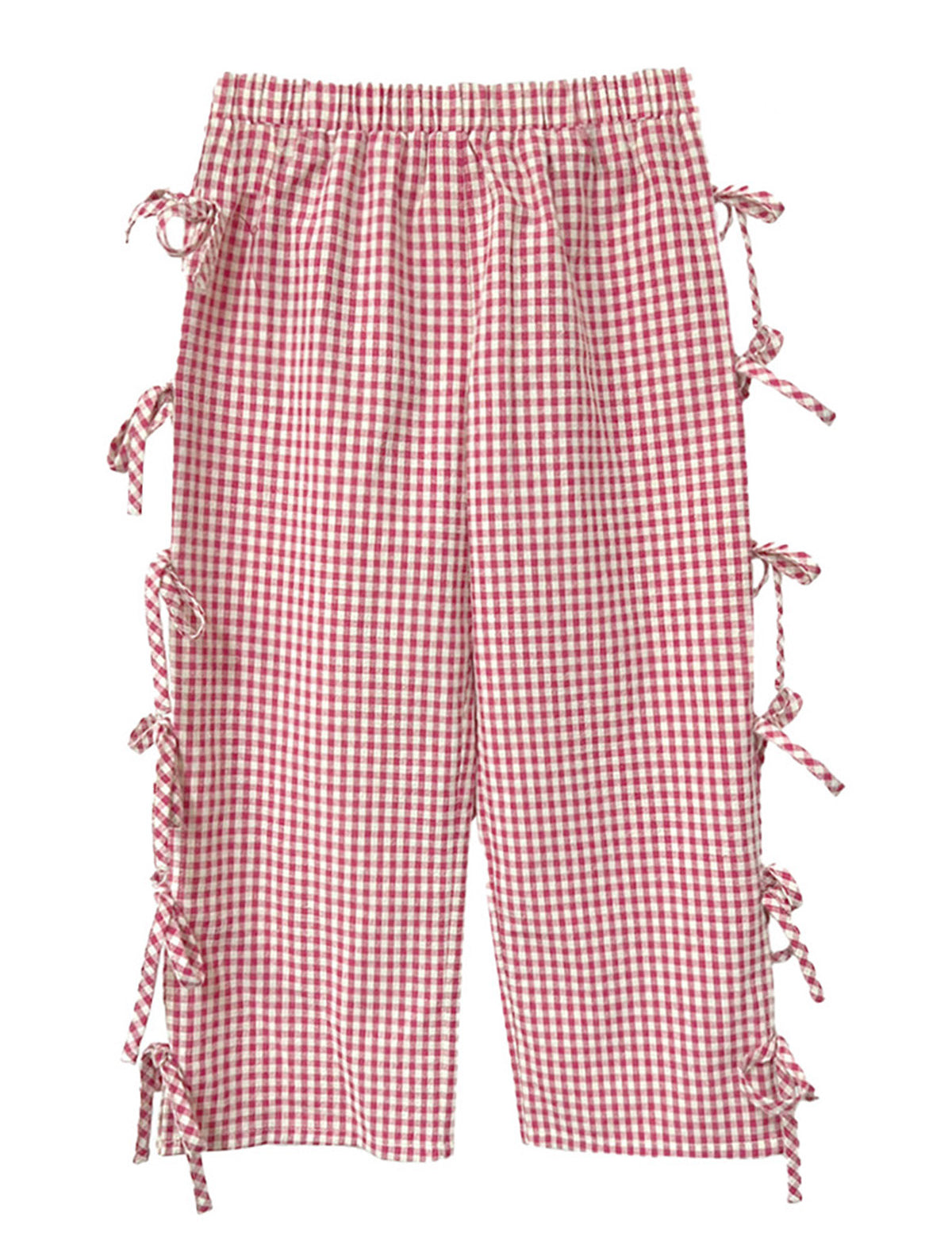 The Bow-tastic Pant by Mabel and Honey features a red and white gingham check, an elastic waistband, and adorable bows tied along the outer sides of each leg.