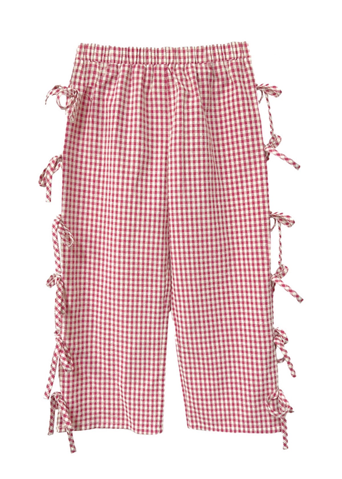 The Bow-tastic Pant by Mabel and Honey features a red and white gingham check, an elastic waistband, and adorable bows tied along the outer sides of each leg.