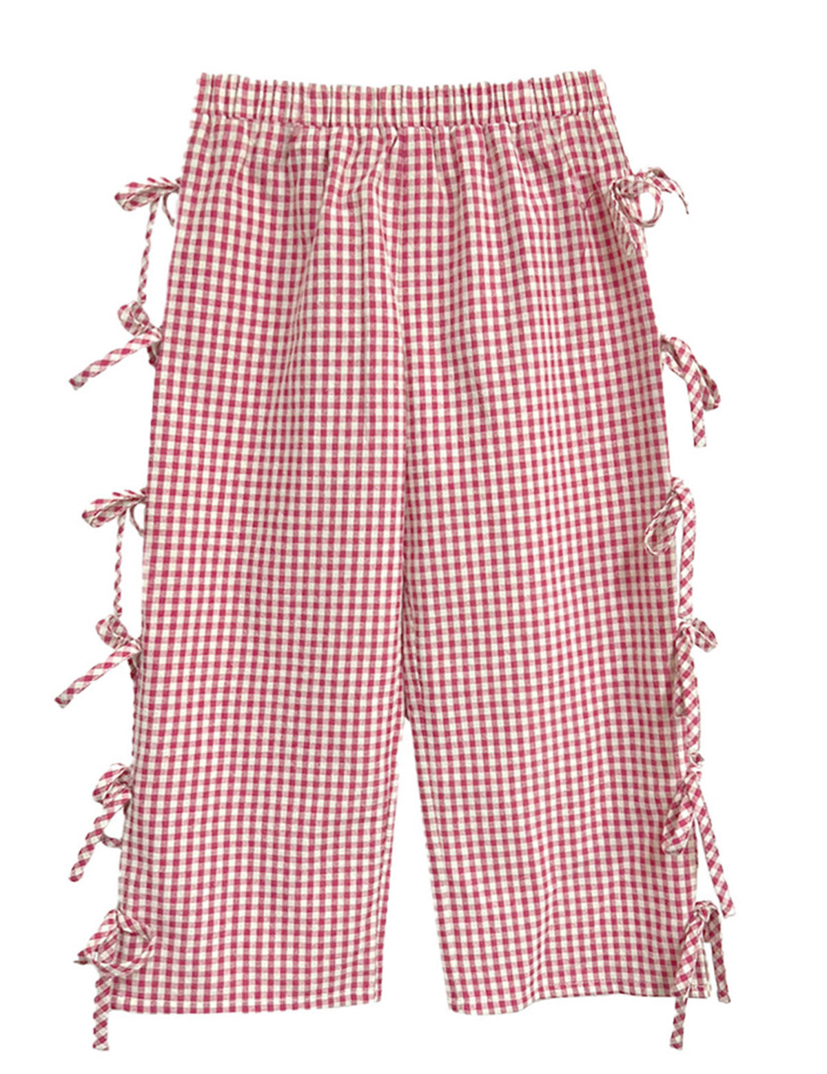 The Bow-tastic Pant by Mabel and Honey features red and white gingham, an elastic waistband, side slits with bow accents, and a wide-leg cropped fit—adding playful charm to any outfit.