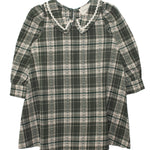 The Plaid & Pine Dress by Mabel and Honey is a girls' long-sleeve, knee-length dress with a green and white plaid pattern, Peter Pan collar, and delicate white lace trim at the neckline.
