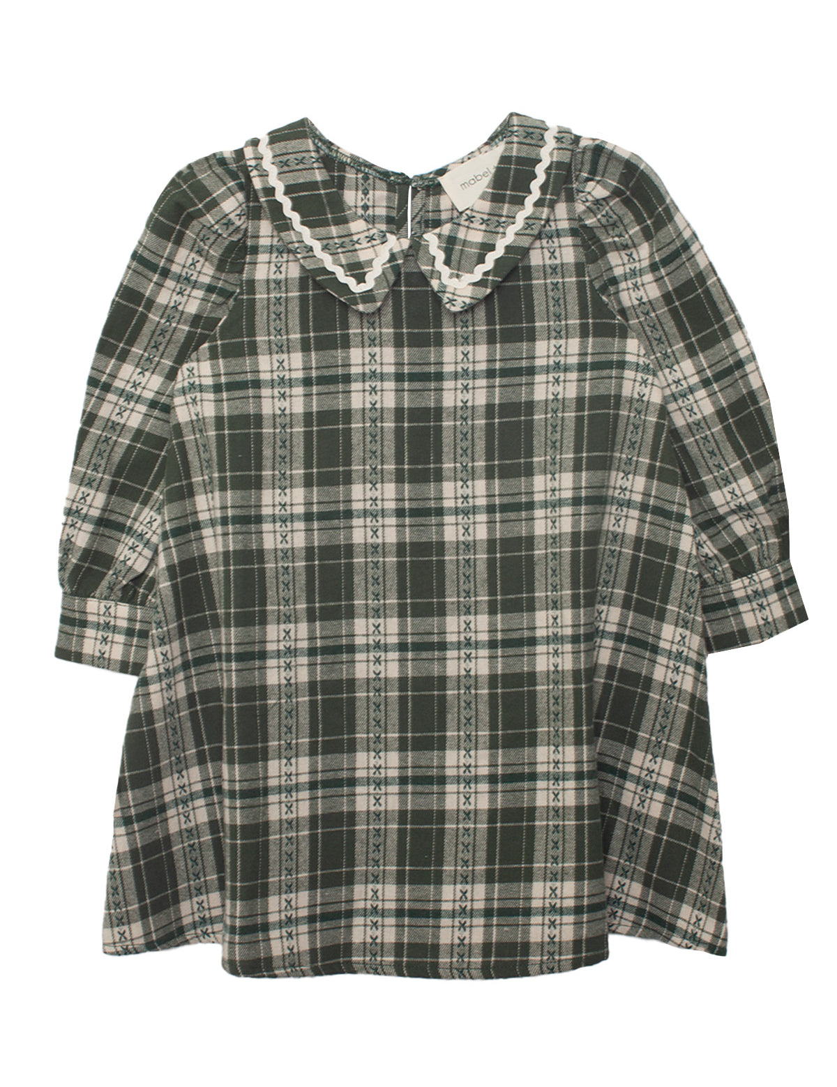 The Plaid & Pine Dress by Mabel and Honey is a girls' long-sleeve, knee-length dress with a green and white plaid pattern, Peter Pan collar, and delicate white lace trim at the neckline.