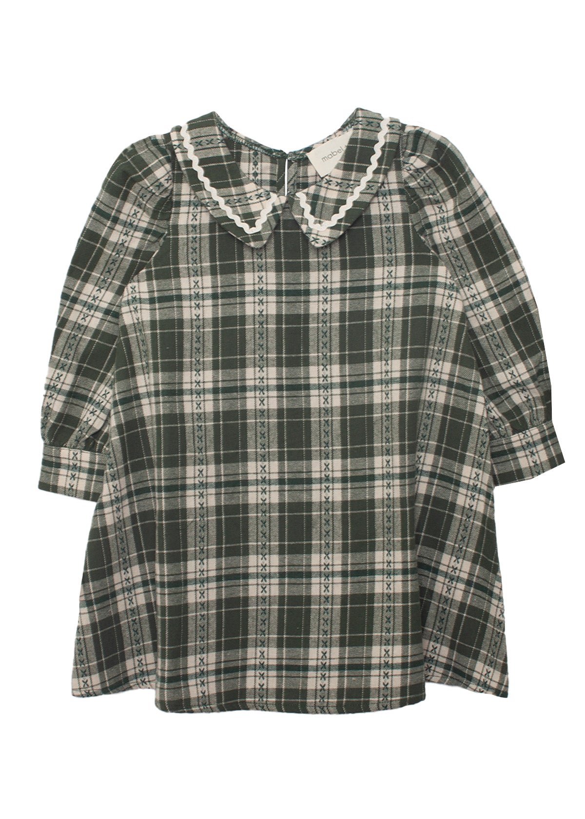 The Plaid & Pine Dress by Mabel and Honey is a girls' long-sleeve, knee-length dress with a green and white plaid pattern, Peter Pan collar, and delicate white lace trim at the neckline.