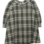 The Plaid & Pine Dress by Mabel and Honey is a charming green and white plaid girls' dress with a Peter Pan collar and buttoned cuffs, shown on a plain white background.