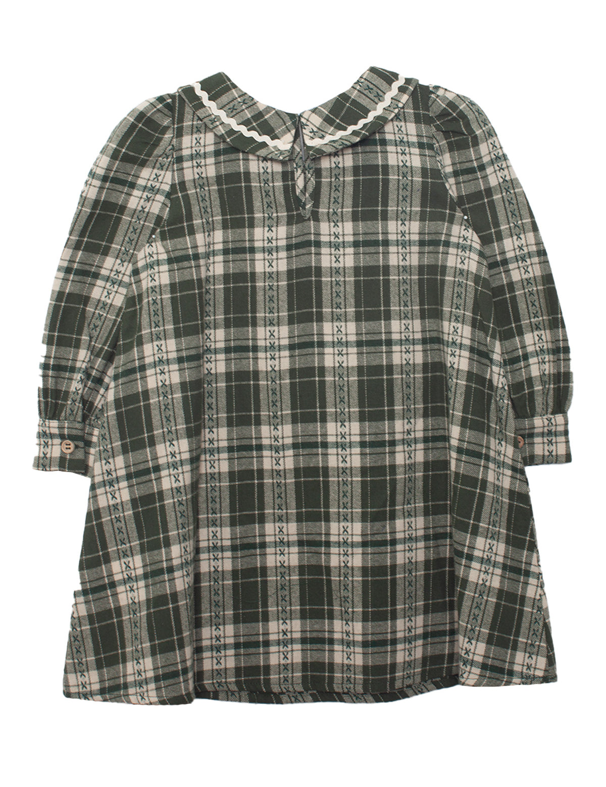The Plaid & Pine Dress by Mabel and Honey is a charming green and white plaid girls' dress with a Peter Pan collar and buttoned cuffs, shown on a plain white background.