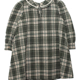 The Plaid & Pine Dress by Mabel and Honey is a charming green and white plaid girls' dress with a Peter Pan collar and buttoned cuffs, shown on a plain white background.
