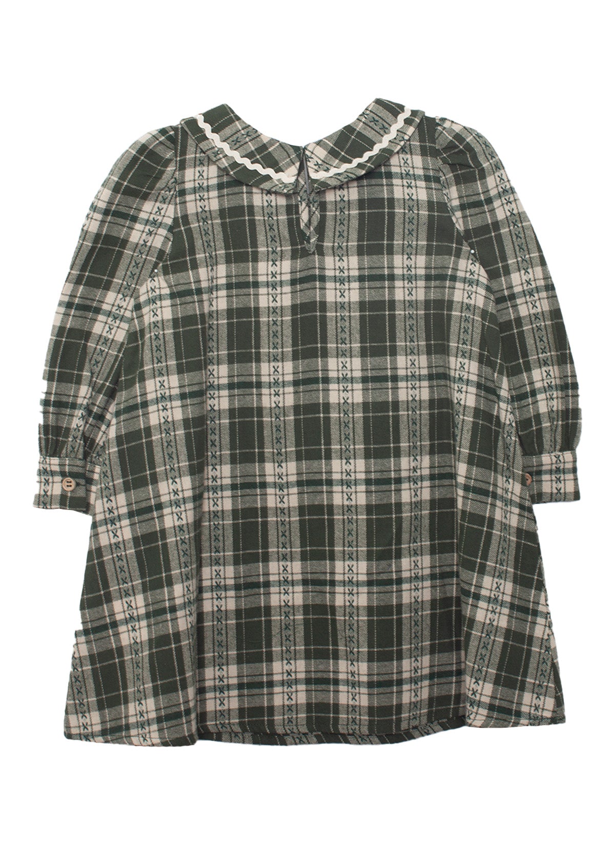 The Plaid & Pine Dress by Mabel and Honey is a charming green and white plaid girls' dress with a Peter Pan collar and buttoned cuffs, shown on a plain white background.