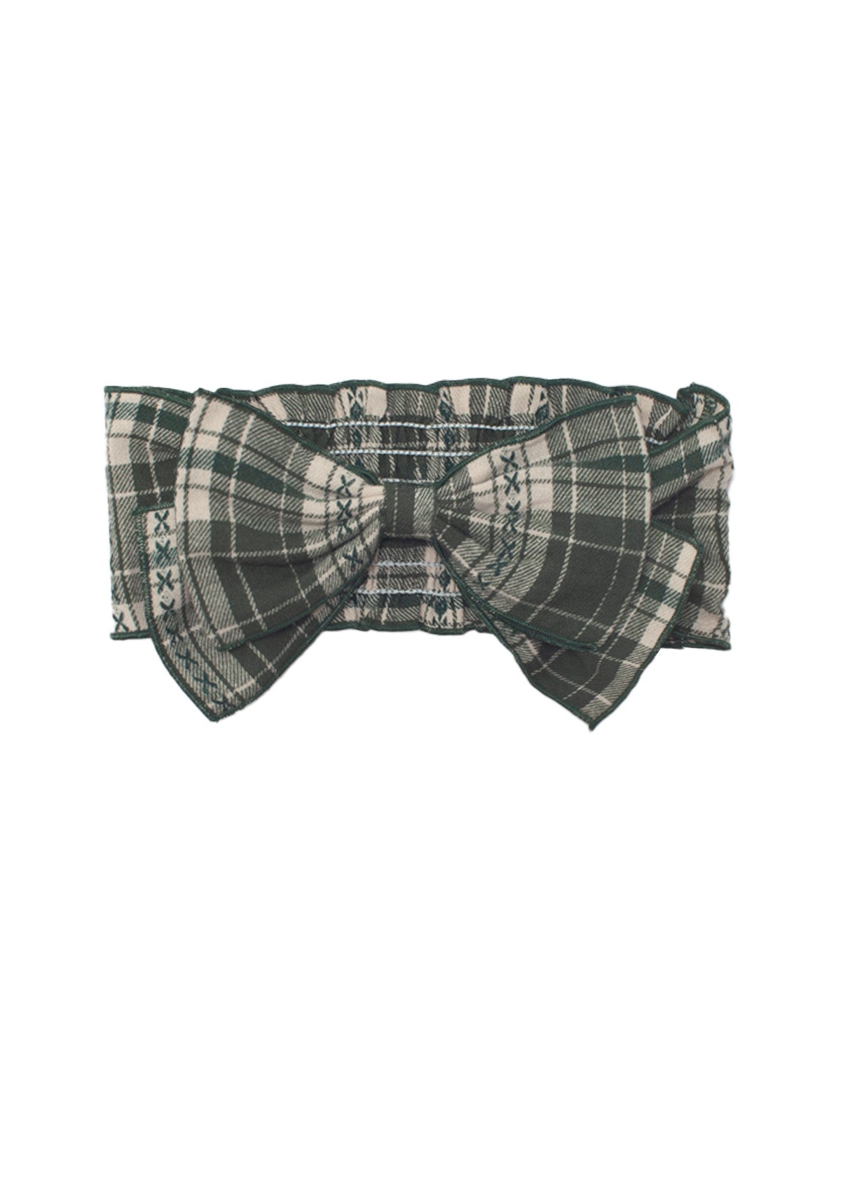 The Plaid & Pine Hair Accessory by Mabel and Honey is a green and white plaid headband with a large center bow and stitched edge detail—an adorable, handcrafted baby hair accessory.