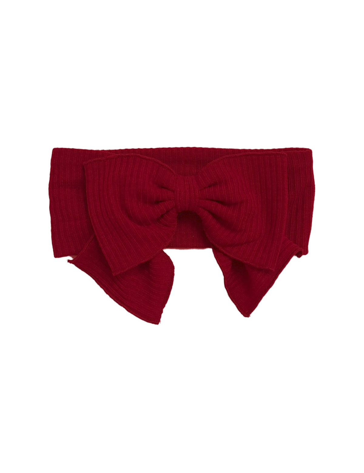 The Rosie Hair Accessory by Mabel and Honey is a bold red, ribbed headband with a large bow in the center for an eye-catching style.