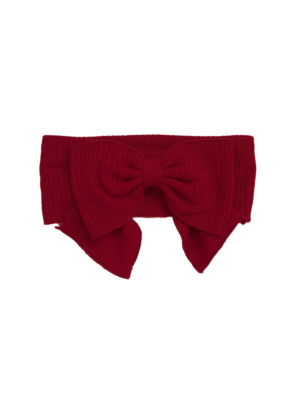 The Rosie Hair Accessory by Mabel and Honey is a bold red, ribbed headband with a large bow in the center for an eye-catching style.