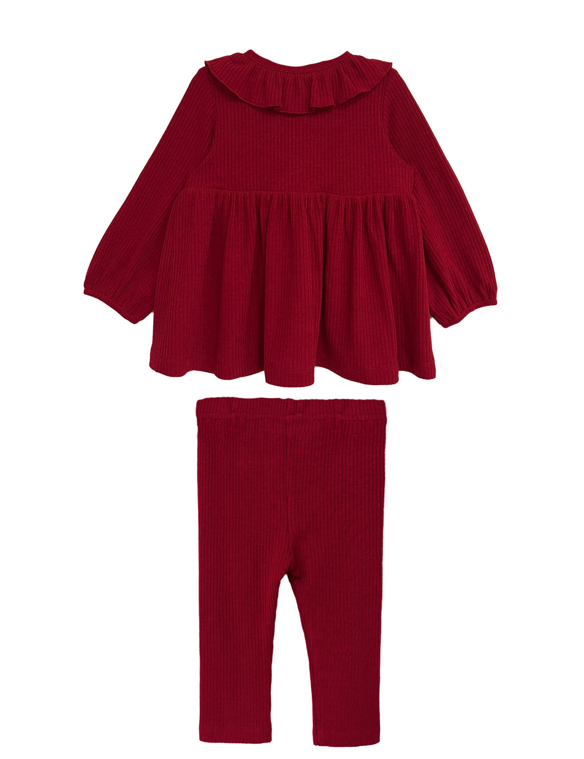 The Mabel and Honey Rosie Two Piece Set features a red long-sleeve, ruffled-collar top with flared hem and matching ribbed leggings, both made from cozy ribbed fabric and shown against a white background.