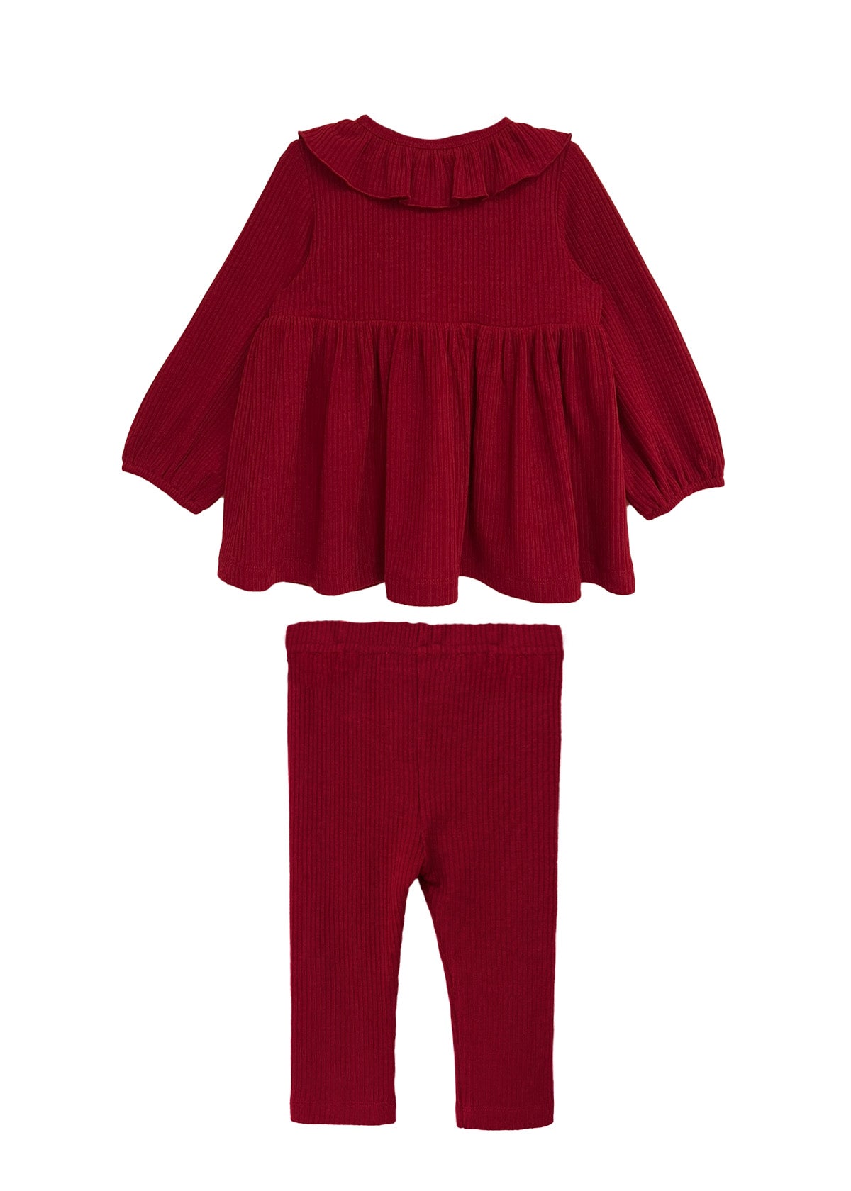 The Mabel and Honey Rosie Two Piece Set features a red long-sleeve, ruffled-collar top with flared hem and matching ribbed leggings, both made from cozy ribbed fabric and shown against a white background.