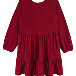 The Rosie Dress by Mabel and Honey is a long-sleeved, ribbed girl's dress with a round neckline and a gathered, tiered skirt in vibrant red.