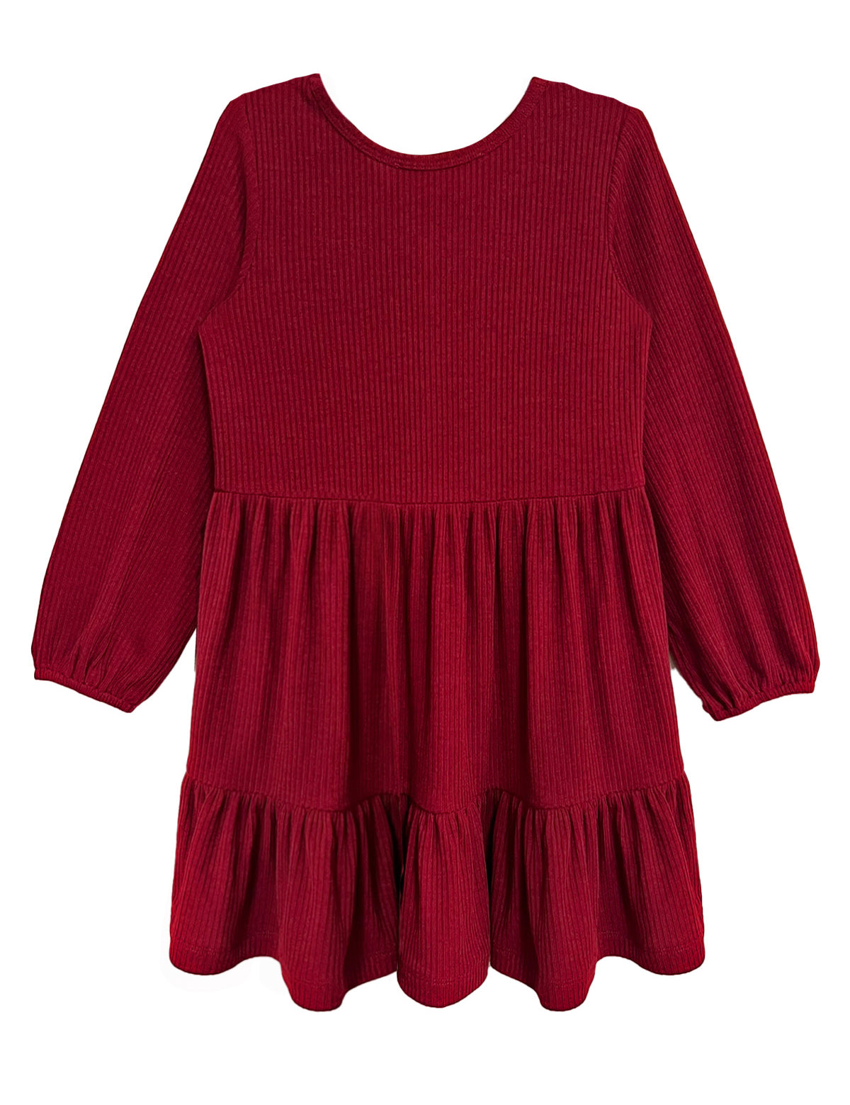 The Rosie Dress by Mabel and Honey is a long-sleeved, ribbed girl's dress with a round neckline and a gathered, tiered skirt in vibrant red.