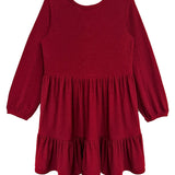 The Rosie Dress by Mabel and Honey is a long-sleeved, ribbed girl's dress with a round neckline and a gathered, tiered skirt in vibrant red.