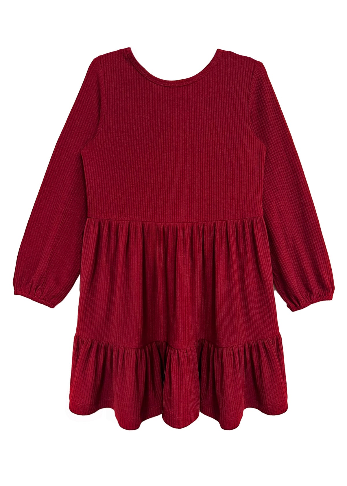 The Rosie Dress by Mabel and Honey is a long-sleeved, ribbed girl's dress with a round neckline and a gathered, tiered skirt in vibrant red.
