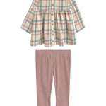The Mabel and Honey Phoebe Two Piece Set includes a pastel plaid top and solid light pink leggings, offering a charming and comfy outfit for your child.