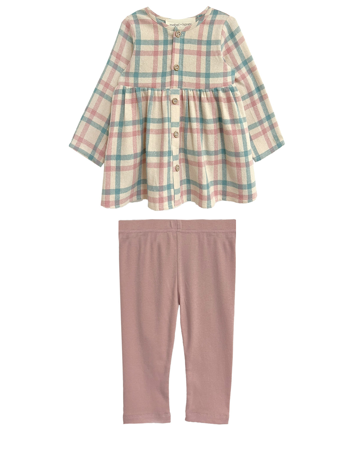 The Mabel and Honey Phoebe Two Piece Set includes a pastel plaid top and solid light pink leggings, offering a charming and comfy outfit for your child.