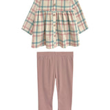 The Mabel and Honey Phoebe Two Piece Set includes a pastel plaid top and solid light pink leggings, offering a charming and comfy outfit for your child.