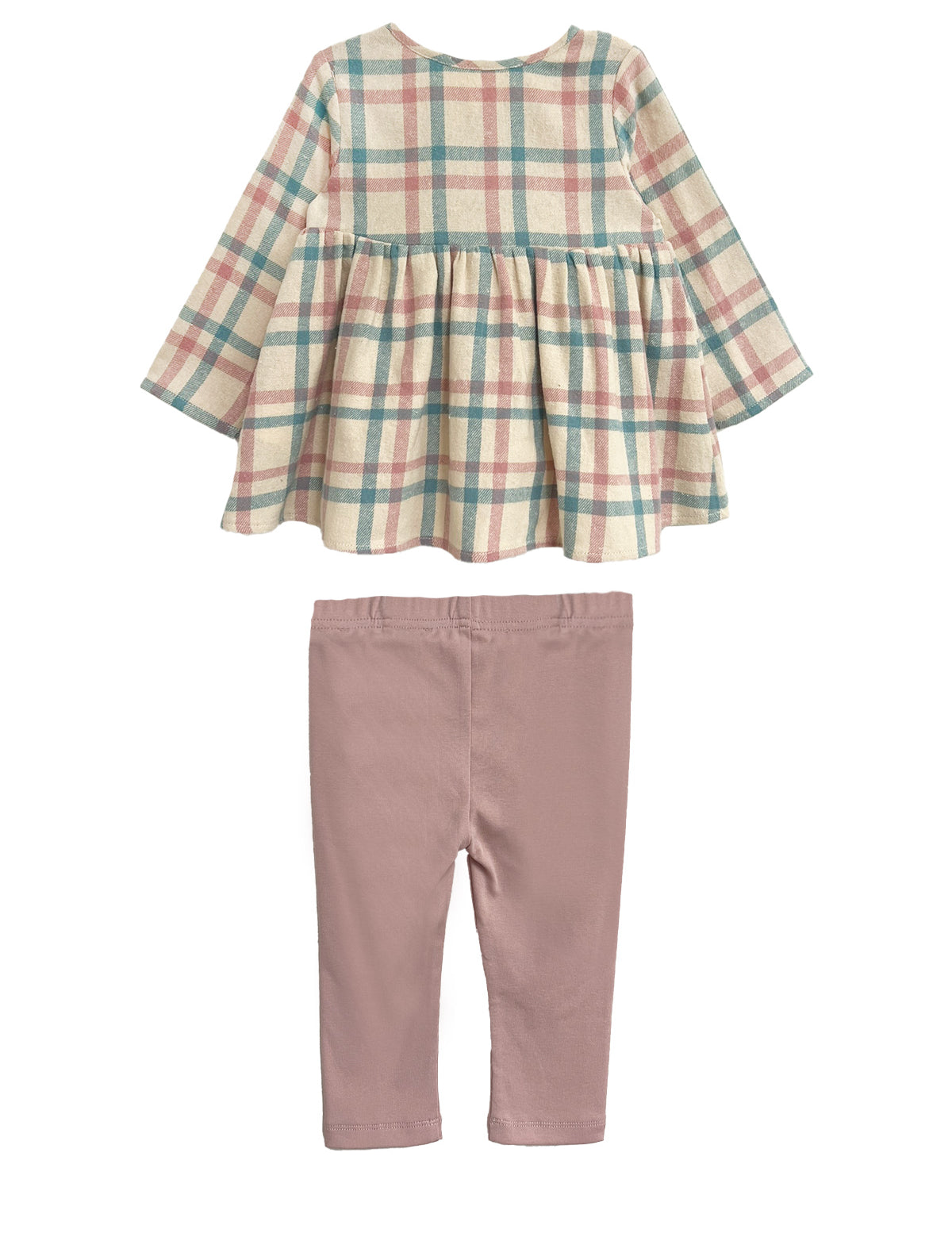 The Phoebe Two Piece Set by Mabel and Honey includes a pastel plaid top with gathered waist and long sleeves, paired with solid pink leggings—cute and comfy for toddlers.