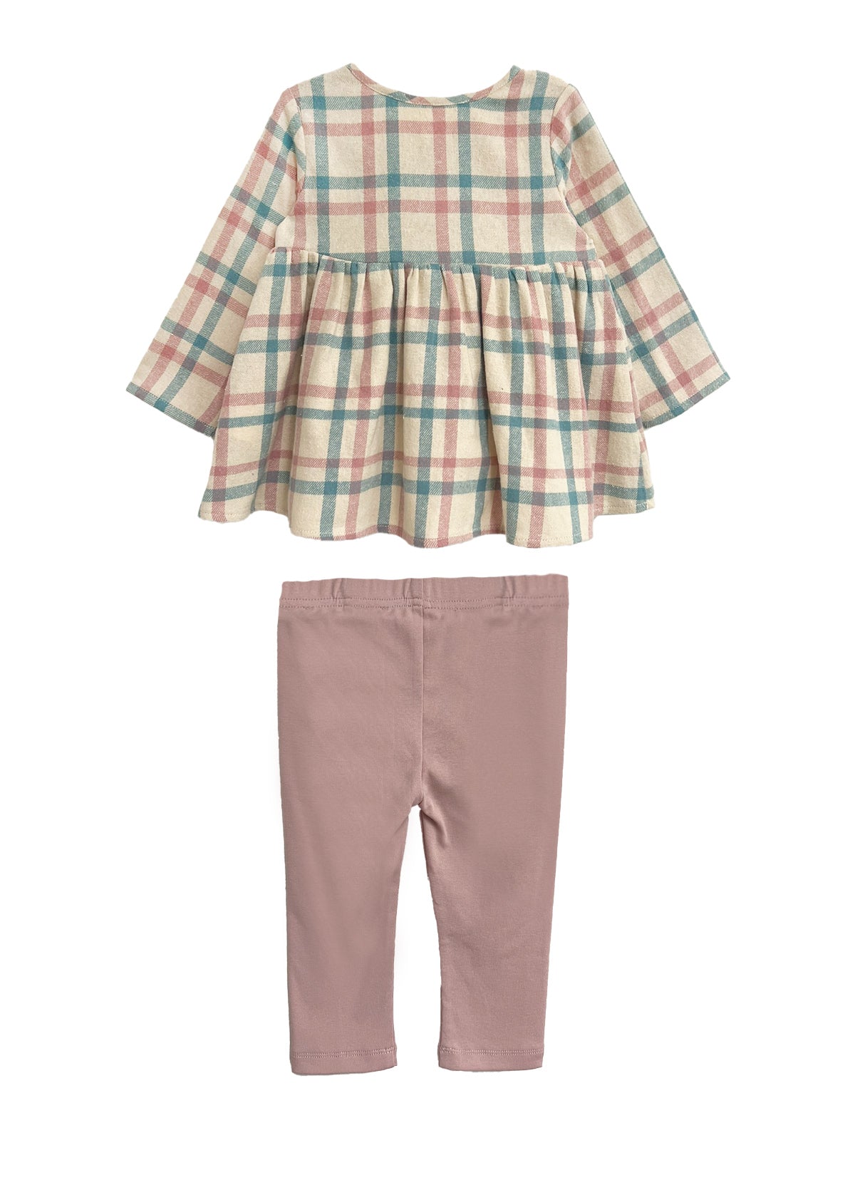 The Phoebe Two Piece Set by Mabel and Honey includes a pastel plaid top with gathered waist and long sleeves, paired with solid pink leggings—cute and comfy for toddlers.