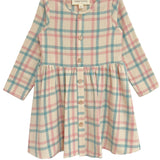 The Phoebe Dress by Mabel and Honey is a long-sleeve cotton girls’ dress with pink, blue, and beige plaid, wooden front buttons, and a gathered waist—perfect for any occasion.
