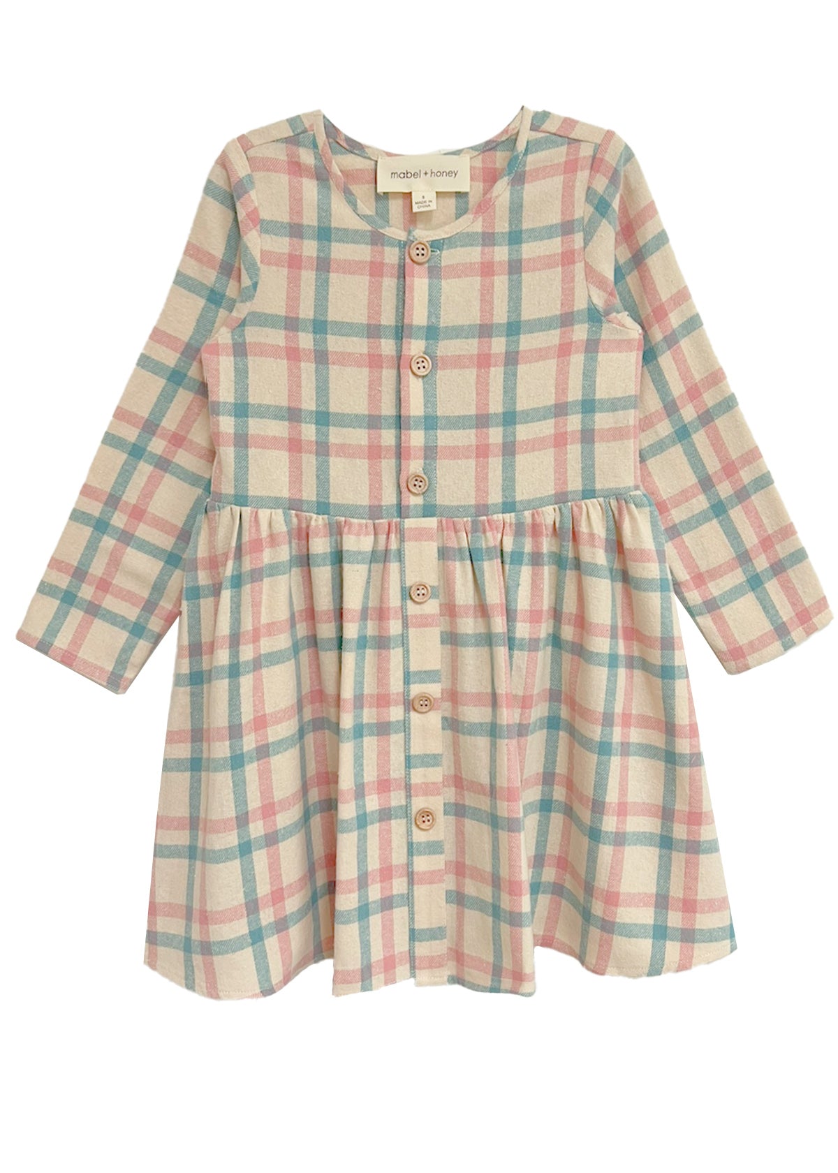 The Phoebe Dress by Mabel and Honey is a long-sleeve cotton girls’ dress with pink, blue, and beige plaid, wooden front buttons, and a gathered waist—perfect for any occasion.