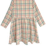 The Mabel and Honey Phoebe Dress is a girls' long sleeve cotton dress with a gathered waist, round neckline, and loose skirt. It features a pastel plaid pattern in pink, blue, and beige for effortless style and comfort.