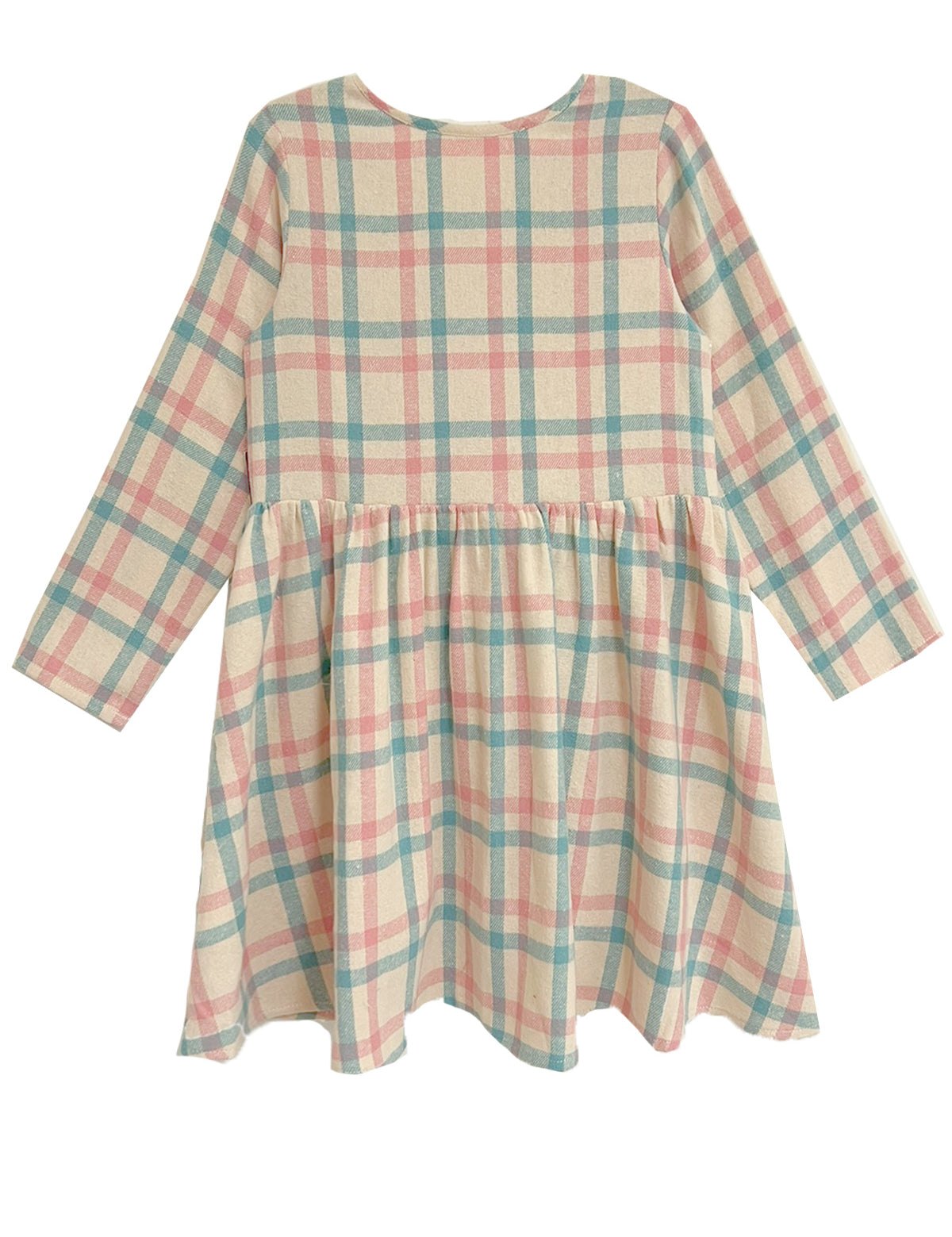 The Mabel and Honey Phoebe Dress is a girls' long sleeve cotton dress with a gathered waist, round neckline, and loose skirt. It features a pastel plaid pattern in pink, blue, and beige for effortless style and comfort.