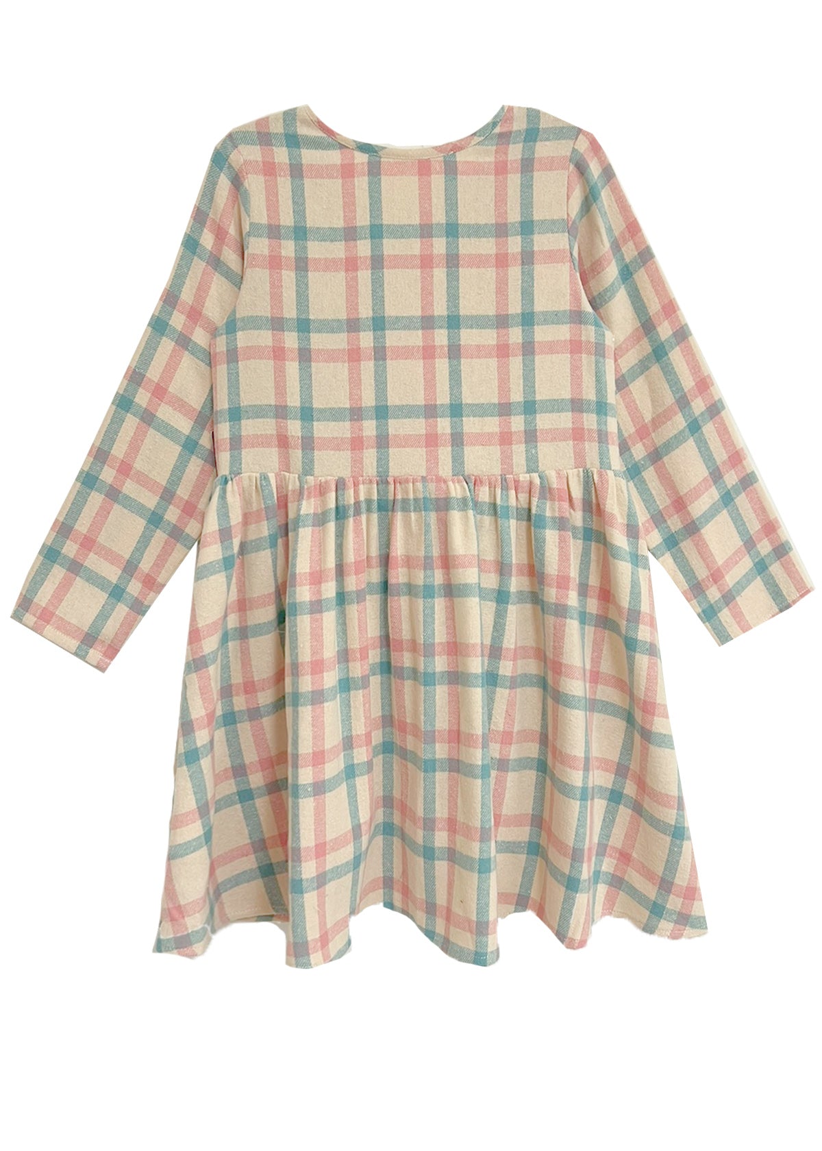 The Mabel and Honey Phoebe Dress is a girls' long sleeve cotton dress with a gathered waist, round neckline, and loose skirt. It features a pastel plaid pattern in pink, blue, and beige for effortless style and comfort.