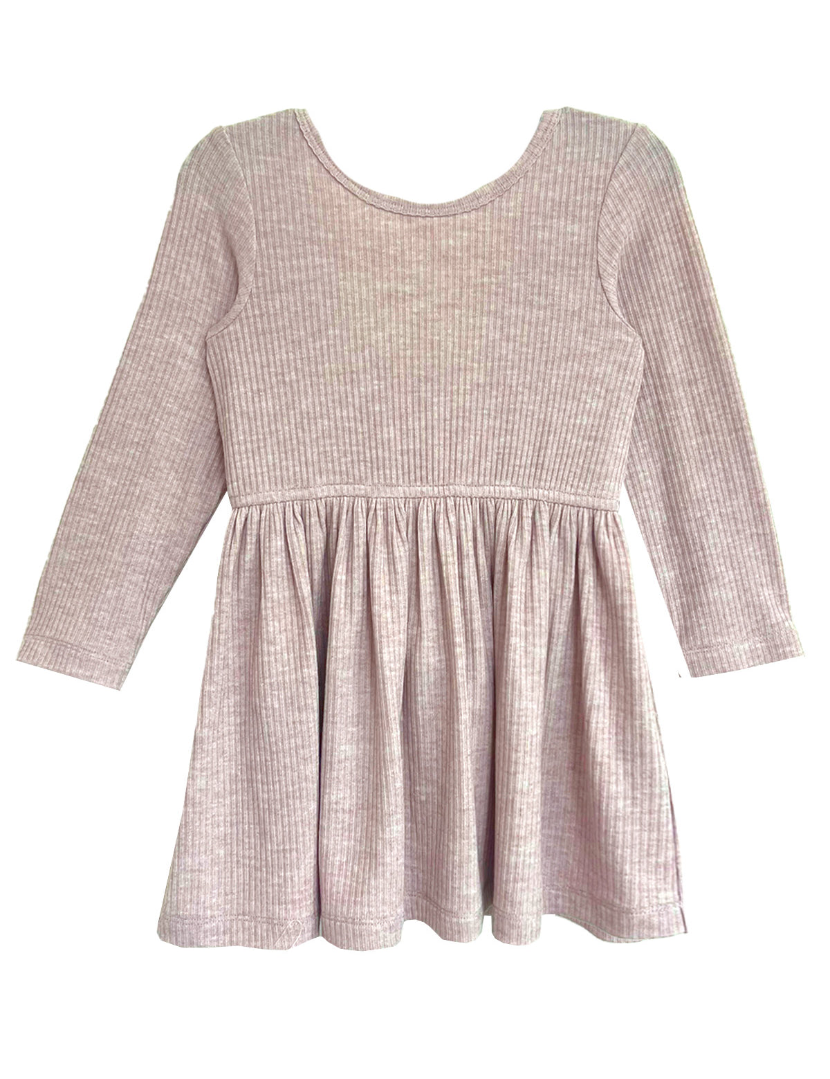 The Heather Dress by Mabel and Honey features a ribbed texture, gathered skirt, and simple round neckline in light pink, offering timeless, effortless style with no visible buttons or embellishments.