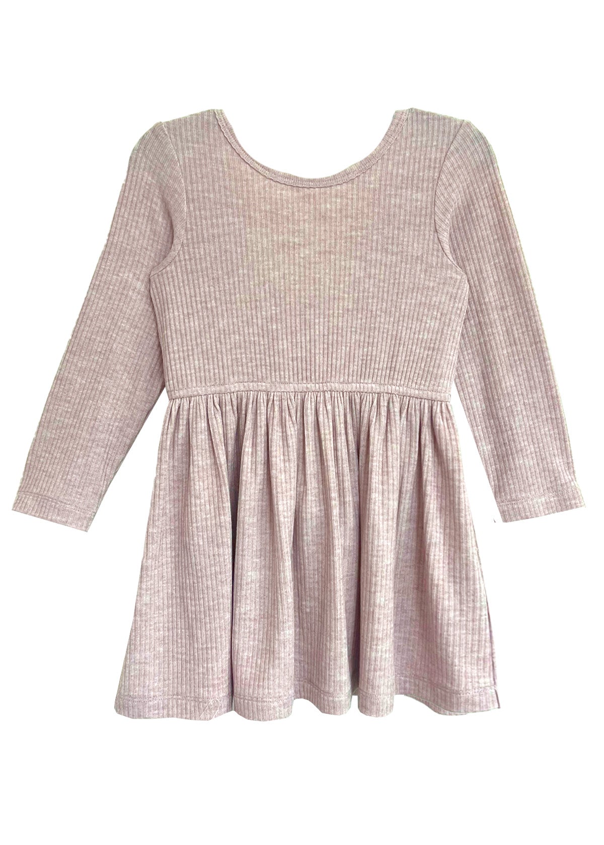 The Heather Dress by Mabel and Honey features a ribbed texture, gathered skirt, and simple round neckline in light pink, offering timeless, effortless style with no visible buttons or embellishments.