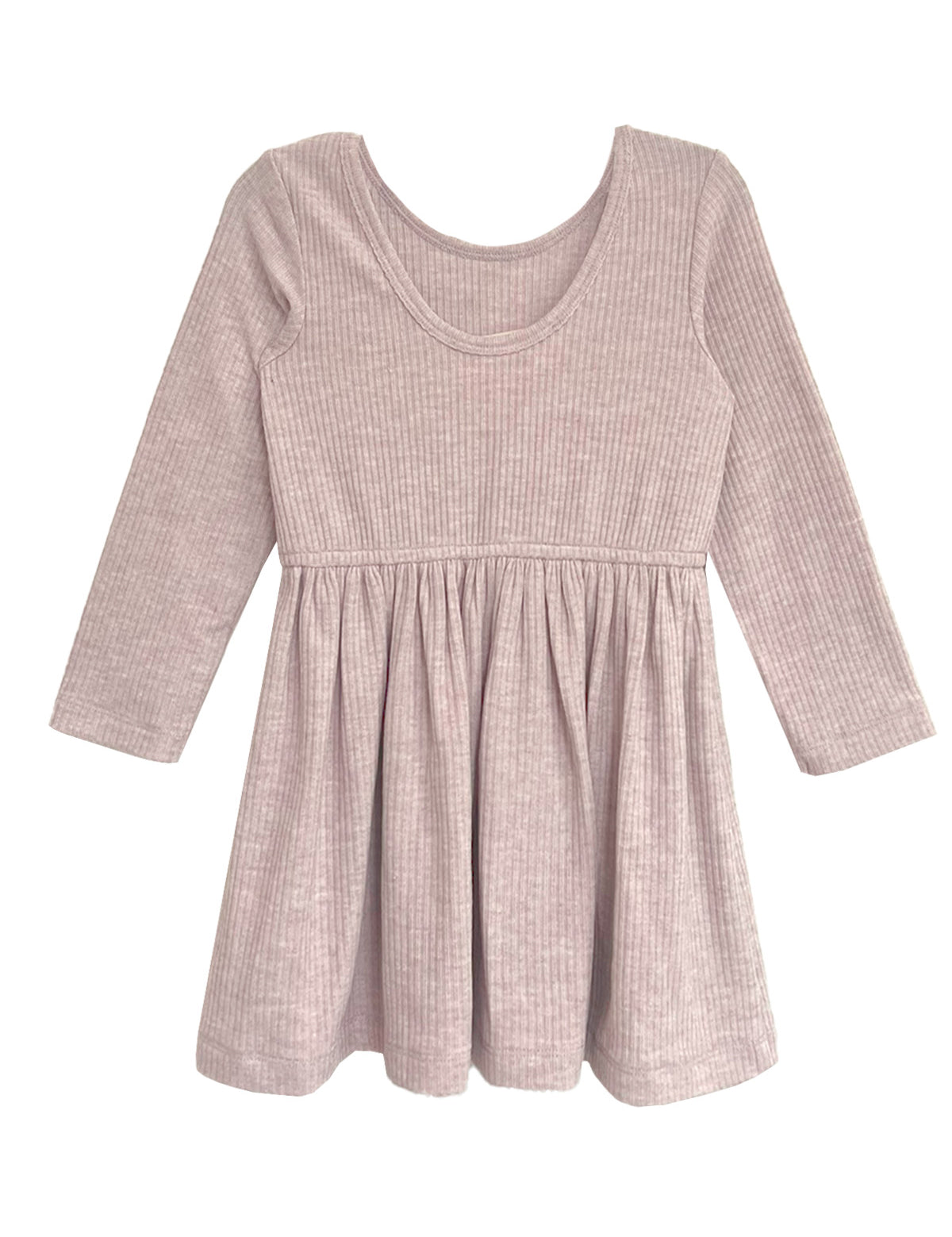 The Heather Dress by Mabel and Honey is a ribbed pink long sleeve dress for children, featuring a round neckline, gathered skirt, and soft textured fabric for comfort.