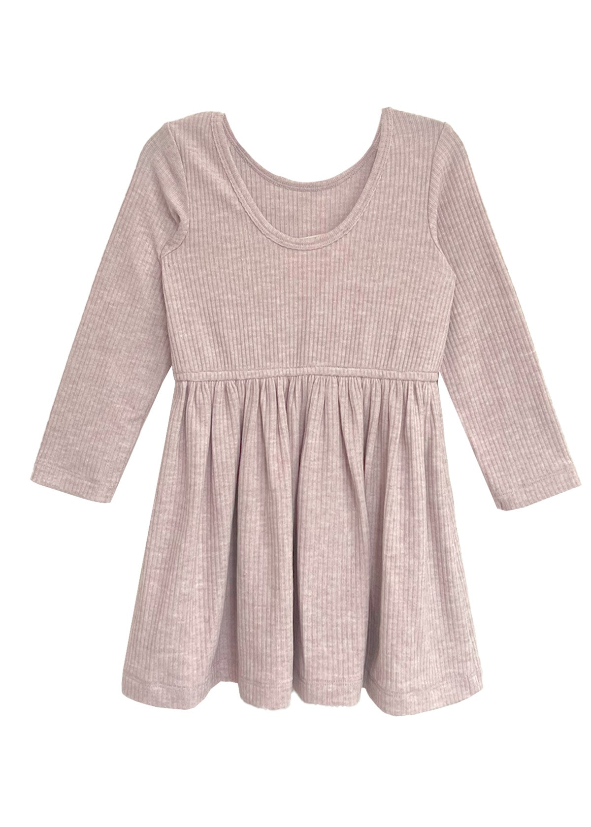 The Heather Dress by Mabel and Honey is a ribbed pink long sleeve dress for children, featuring a round neckline, gathered skirt, and soft textured fabric for comfort.