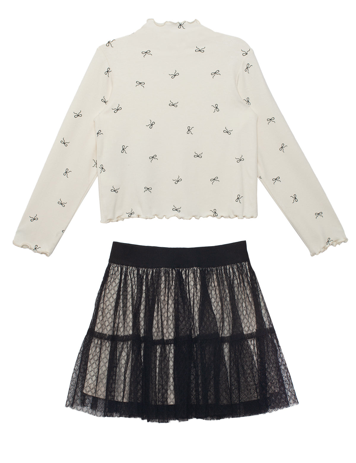 The Bow Chic Two Piece Set by Mabel and Honey features a cream long-sleeve top with a bow print and a black tiered tulle lace skirt with an elastic waistband, displayed flat on a white background.
