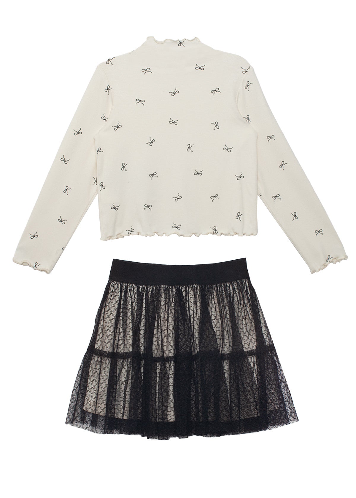 The Bow Chic Two Piece Set by Mabel and Honey features a cream long-sleeve top with a bow print and a black tiered tulle lace skirt with an elastic waistband, displayed flat on a white background.
